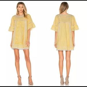 Free People Sunny Day Yellow Frock Smock Dress Gingham Pockets Short Mini